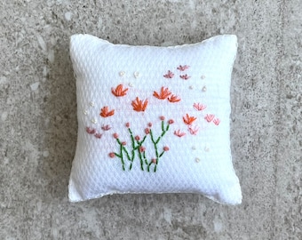 Flowers Embroidered pin cushion, pink flowers pin cushion, handmade pin cushion, square pin cushion, pin accessory, sewing room decor
