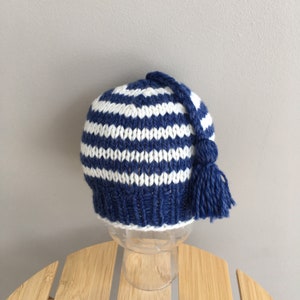 Newborn baby beanie, hand knitted striped cotton and wool blue baby hat, nautical baby hat, gender neutral baby gift, newborn gift image 4