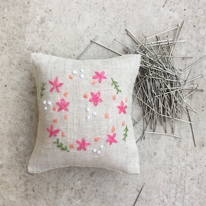 Flowers Embroidered pin cushion, pink flowers pin cushion, handmade pin cushion, square pin cushion, pin accessory, sewing room decor
