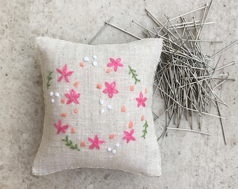 Flowers Embroidered pin cushion, pink flowers pin cushion, handmade pin cushion, square pin cushion, pin accessory, sewing room decor