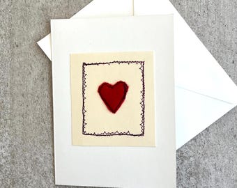 Valentine card with envelope, felt heart handmade greeting card , Ecofriendly greeting card, valentine card, I love you card, heart card