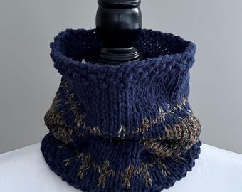 Hand knitted wool free blue fair isle neck warmer