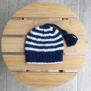 Newborn baby beanie, hand knitted striped cotton and wool blue baby hat, nautical baby hat, gender neutral baby gift, newborn gift image 6