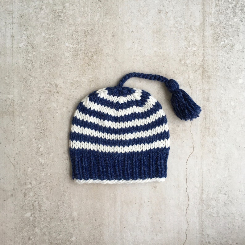 Newborn baby beanie, hand knitted striped cotton and wool blue baby hat, nautical baby hat, gender neutral baby gift, newborn gift image 5