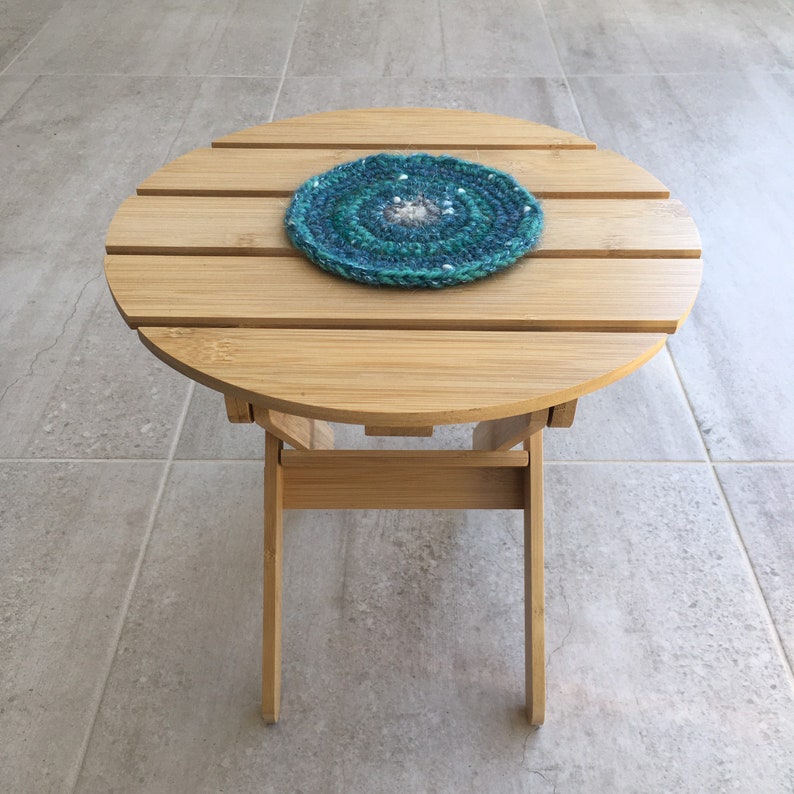 ecofriendly trivet Crocheted wool teal trivet local wool trivet handmade trivet made in Montreal