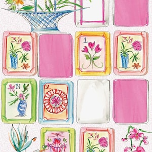 K&ouml;nnte beinhalten: Aquarell-Illustration mit einem Raster von gerahmten Bildern mit floralen und dekorativen Designs. Oben befindet sich ein blauer Korb voller Blumen. Die Farbpalette umfasst Rosa, Gr&uuml;n, Gelb und Blau.