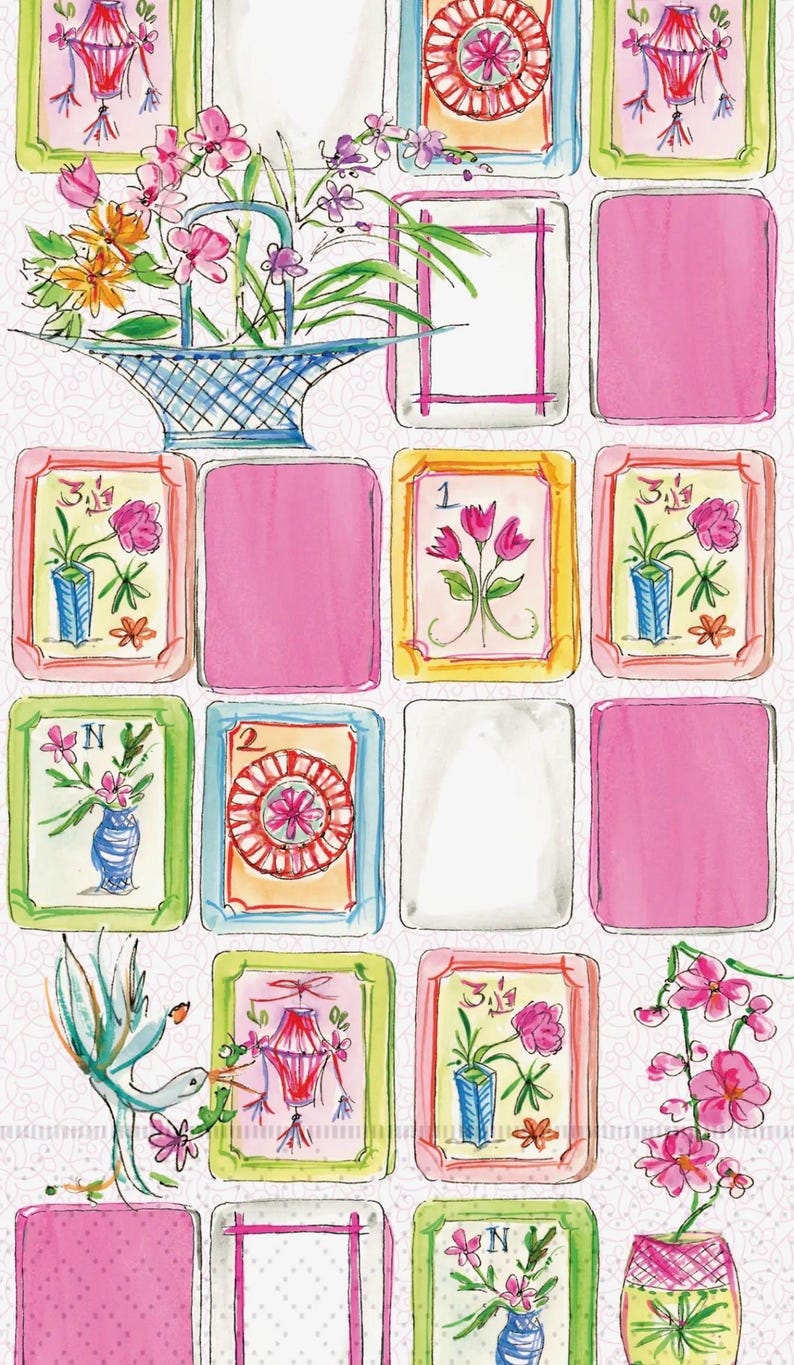 K&ouml;nnte beinhalten: Aquarell-Illustration mit einem Raster von gerahmten Bildern mit floralen und dekorativen Designs. Oben befindet sich ein blauer Korb voller Blumen. Die Farbpalette umfasst Rosa, Gr&uuml;n, Gelb und Blau.