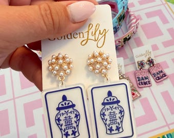 Mahjong Earrings - Blue and White Ginger Jar