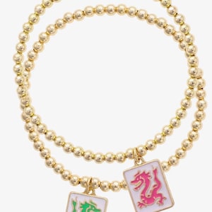 Pair of Dragons Mahjong Tiles Ball Beaded Bracelet set of 2