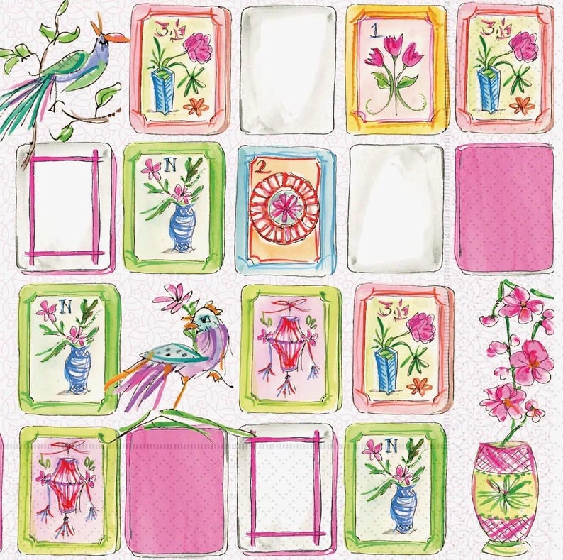 K&ouml;nnte beinhalten: Aquarellmuster mit bunten V&ouml;geln, Blumenarrangements in Vasen und dekorativen Karten mit Zahlen und Buchstaben. Das Design umfasst rosa, gr&uuml;ne, blaue und gelbe Akzente und erzeugt eine skurrile &Auml;sthetik.