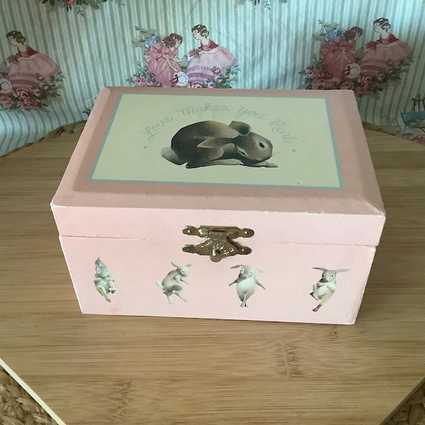 Vintage Pink Children’s Music Jewelry Box, Bunnies, Spinning Bunny, Love Makes You Real