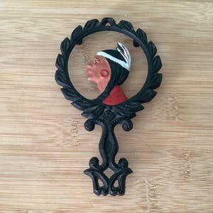 Vintage Cast Iron Trivet, Small Native American Hand Painted Trivet