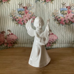 Porcelain Angel Figurine, Vintage Angel with Instrument, White Porcelain Angel, 1987