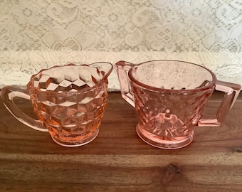 Vintage depression glass, Jeannette cube pattern, pink creamer and sugar bowl