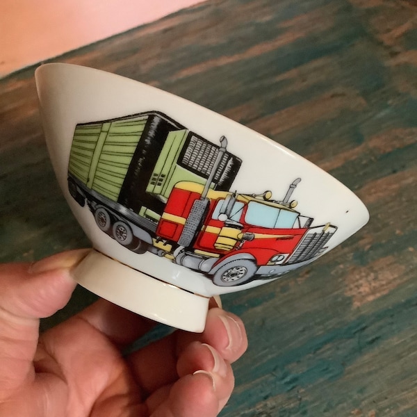 Rice Miso Bowl, Semi Convoy Construction Vehicles, 1970’s, Japan, Child's Porcelain Rice Bowl