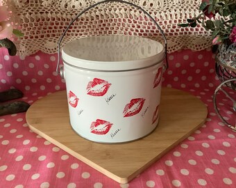 Vintage Deco Tin, Enamel Kisses Tin, Storage Tin, Retro Enamel Tin