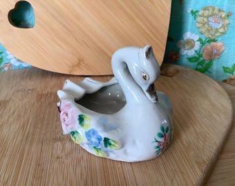 Beautiful Ceramic Swan Trinket Dish, Heavy White Swan with Floral Details, Japan