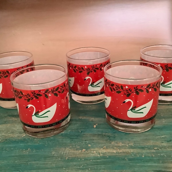 Hallmark Libbey Glass Tumblers, Christmas Swans, Swan Tumblers, 1990, set of five