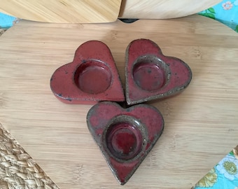 Red Stone Glazed Heart Tealight Candle Holders, Set of Three