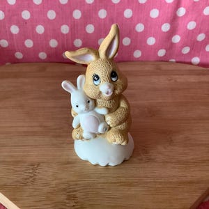 Sweet Porcelain Bunny Figurine, Brown Bunny Holding Bunny Doll Figurine, Kitsch, Easter Decor