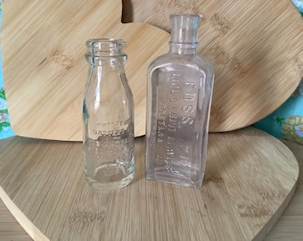 Antique Collectible Glass Bottles, Foss Pure Flavoring Extracts & Waterbury Battery Oil Bottle, Pair of Antique Glass Bottles