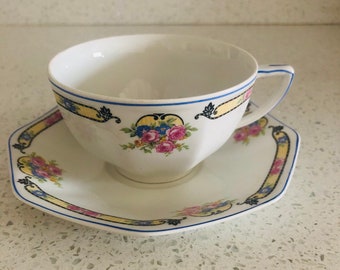 Johnson Brothers Greenfield China Cup & Saucer White Green & Orange Mosaic 