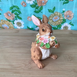 Sweet Ceramic Brown Bunny Figurine, Springtime Flower Wreathe, Rabbit Figurine