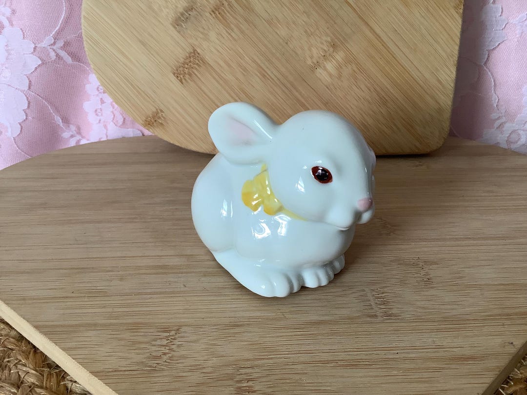 Cute Ceramic Bunny Rabbit Bank, Bunny in a Yellow Bow, Small Coin Bank ...