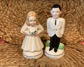 Double Sided Before & After Vintage Salt and Pepper Shakers, Bride and Groom, 1960’s, Porcelain