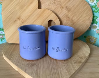 La Fermiere Blue Terracotta Yogurt Jars, Collectible French Jars, Pair