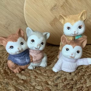 Sweet Ceramic Cat Figurines, Happy Anthropomorphic Cats in Sweaters Figurines
