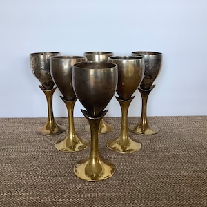 Vintage Enamel Hand Painted Etched Brass Peacock Set of 5 Wine Goblets  India