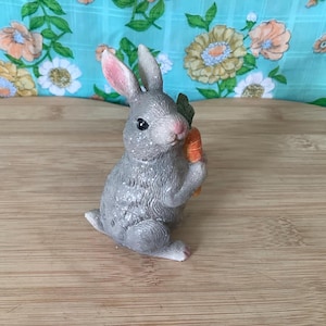 Grey Bunny Rabbit with Carrot Resin Figurine, Easter Decor, Springtime Bunny