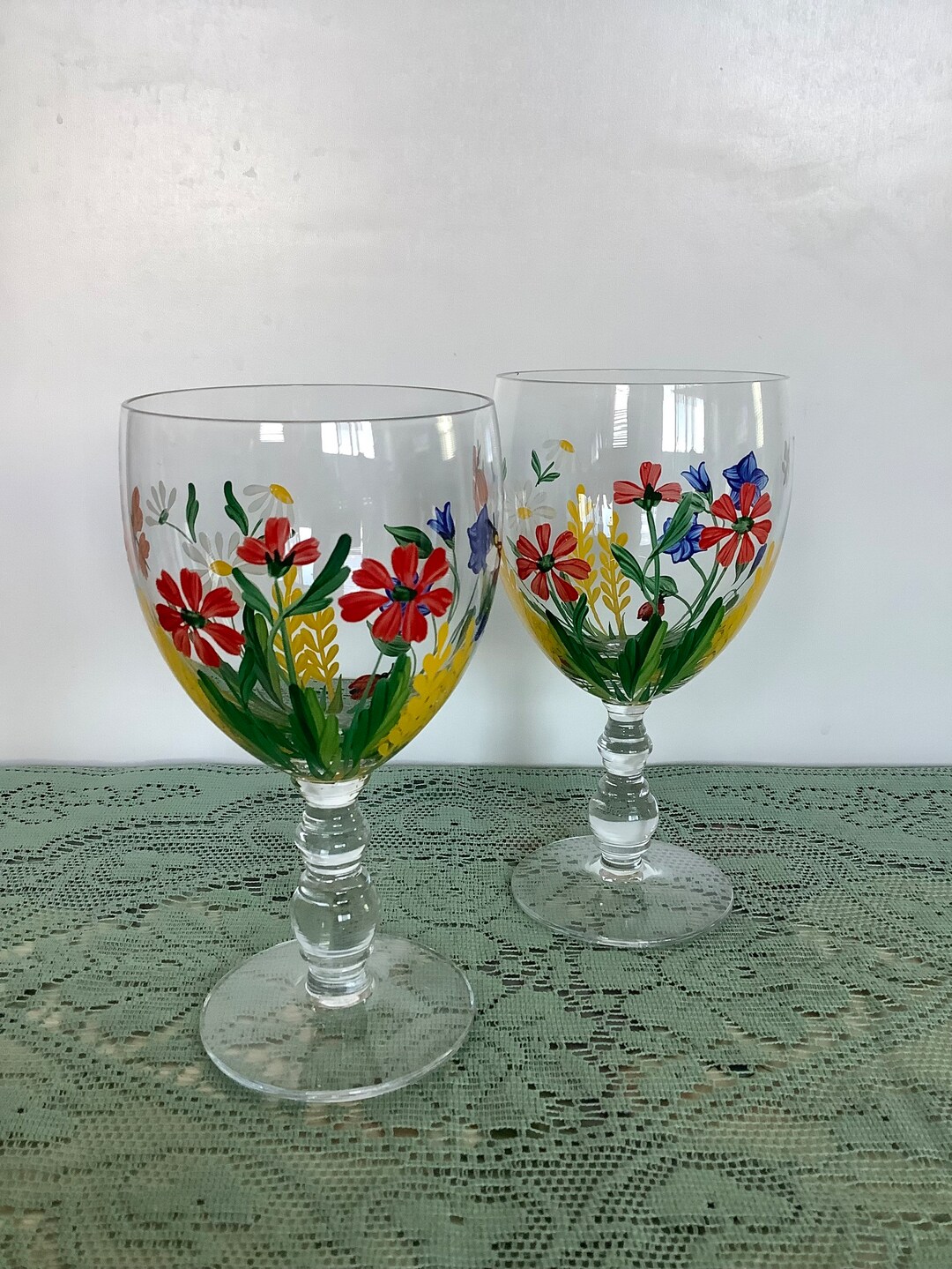 Hand Painted Floral Wine Glasses, Cottage Charm Etsy