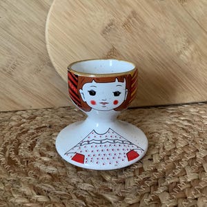 Girl Egg Cup, Speckled Stoneware Girl Faced Egg Cup, Retro