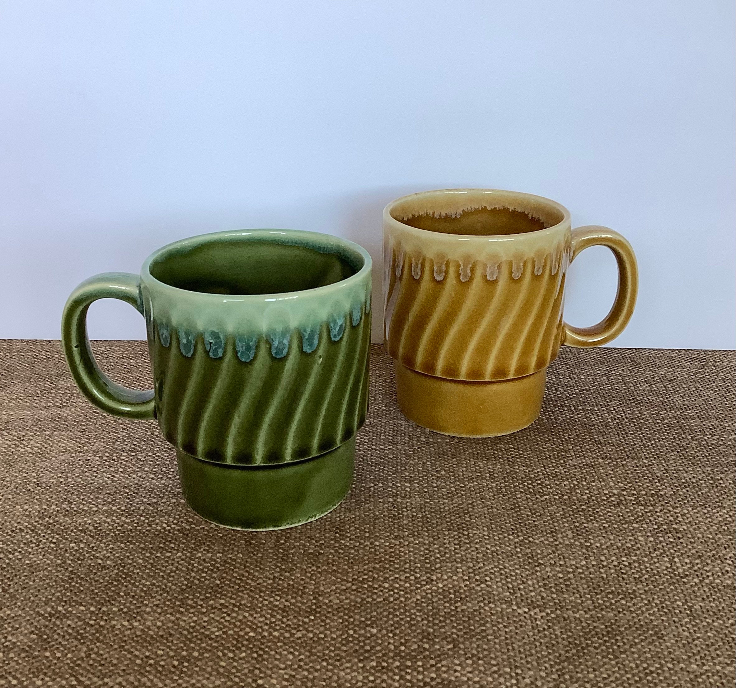 Vintage 1970s Ceramic Abstract Pattern Stackable Coffee Mug Set