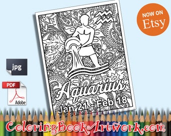 Aquarius Zodiac Sign Printable Adult Coloring Book Page Instant Downloadable JPG PDF Trendy Instagram Quirky Sweary Words Digital