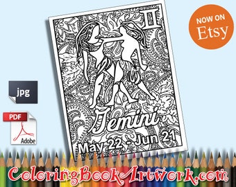 Gemini Zodiac Sign Printable Adult Coloring Book Page Instant Downloadable JPG PDF Trendy Instagram Quirky Sweary