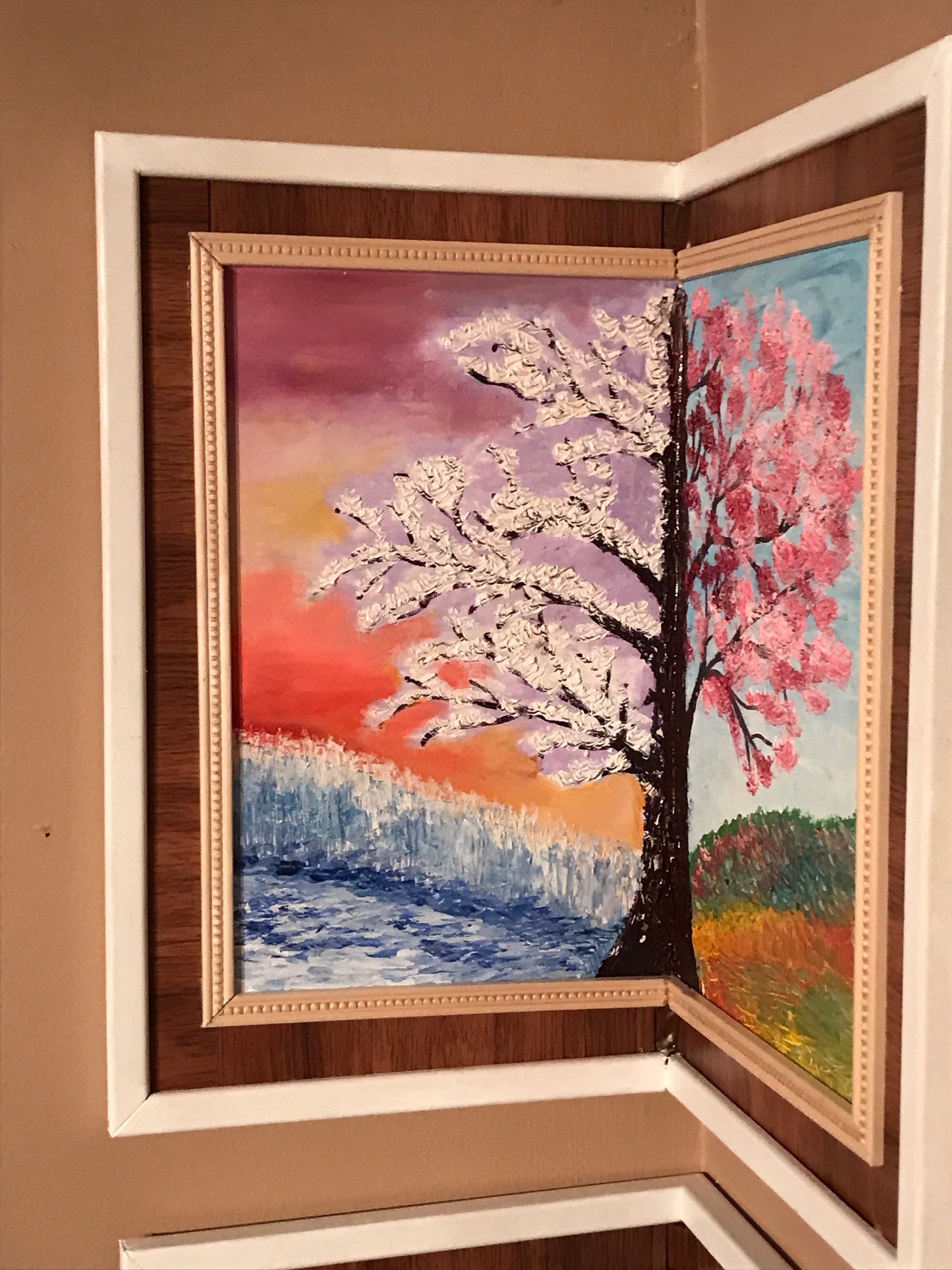 Landscape. Corner Diptych of Winter and Spring. Oil & Acrylic