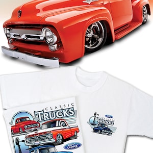 May include: A white t-shirt with a design of three classic Ford pickup trucks. The trucks are red, blue, and red. The design includes the words "Classic Trucks" and "Ford".
