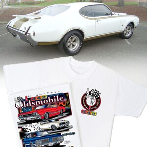 May include: White t-shirt with a graphic of three vintage muscle cars, a red, white, and blue Oldsmobile 442, a white Oldsmobile 442, and a blue Oldsmobile W-30. The graphic includes the text "High-Test Oldsmobile" and "The W-Machines".