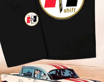 Hurst Gold Floor Shift Black T-Shirt - HS #056 Hurst T-Handle Competition Plus 4 Speed Gasser Decal Wheel Shifter Hot Rod Drag
