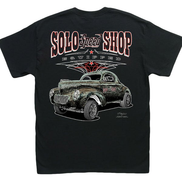 Solo Speed Shop Willys Gasser Patina Black T-Shirt - HS #013 1940 1941 Vintage Drag Racing Dragstrip Raceway