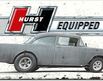 Hurst Equipped Two Lane Blacktop 1955 Chevrolet Vintage Metal Patina Sign BBT-040 - 22" x 12.75" - Gasser Shifter decal racing