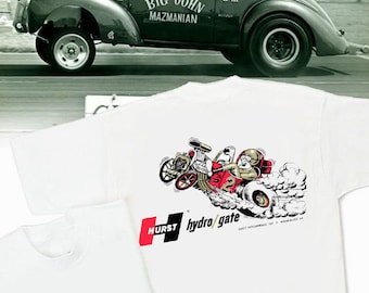 Hurst Hydro Gate White T-Shirt - HS #053 Gasser Willys Anglia Altered Vintage Drag Decal Shifter Wheels Magnesium
