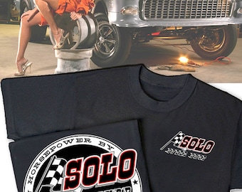 Solo Speed Shop 1955 zwart Chevy Gasser T-shirt - HS #016 Vintage Chevrolet Blair's Speed Shop Lion's Dragstrip Chevy