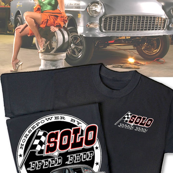 Solo Speed Shop 1955 Chevy Gasser Black T-Shirt - HS #016 Vintage Chevrolet Blair's Speed Shop Lion's Dragstrip Chevy
