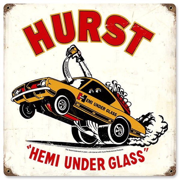 Hurst Hemi Under Glass Vintage Metal Sign - BBT-017 - Floor Shift Shifter Gasser Mopar Drag Barracuda Cuda