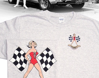 Hurst Motor Mount asgrijs T-shirt - HS #055 Gasser-sticker sleepwiel Linda Vaughn Miss Golden Shifter