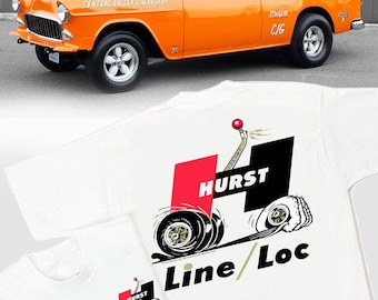 Hurst Line Loc Floor Shift White T-Shirt - HS #052 Gasser Yenko Motion Vintage Drag Shifter Wheel 1955